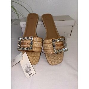 A New Day kelsey Size 10 Tan Slide Sandals Embellished Rhinestone Buckle Flat